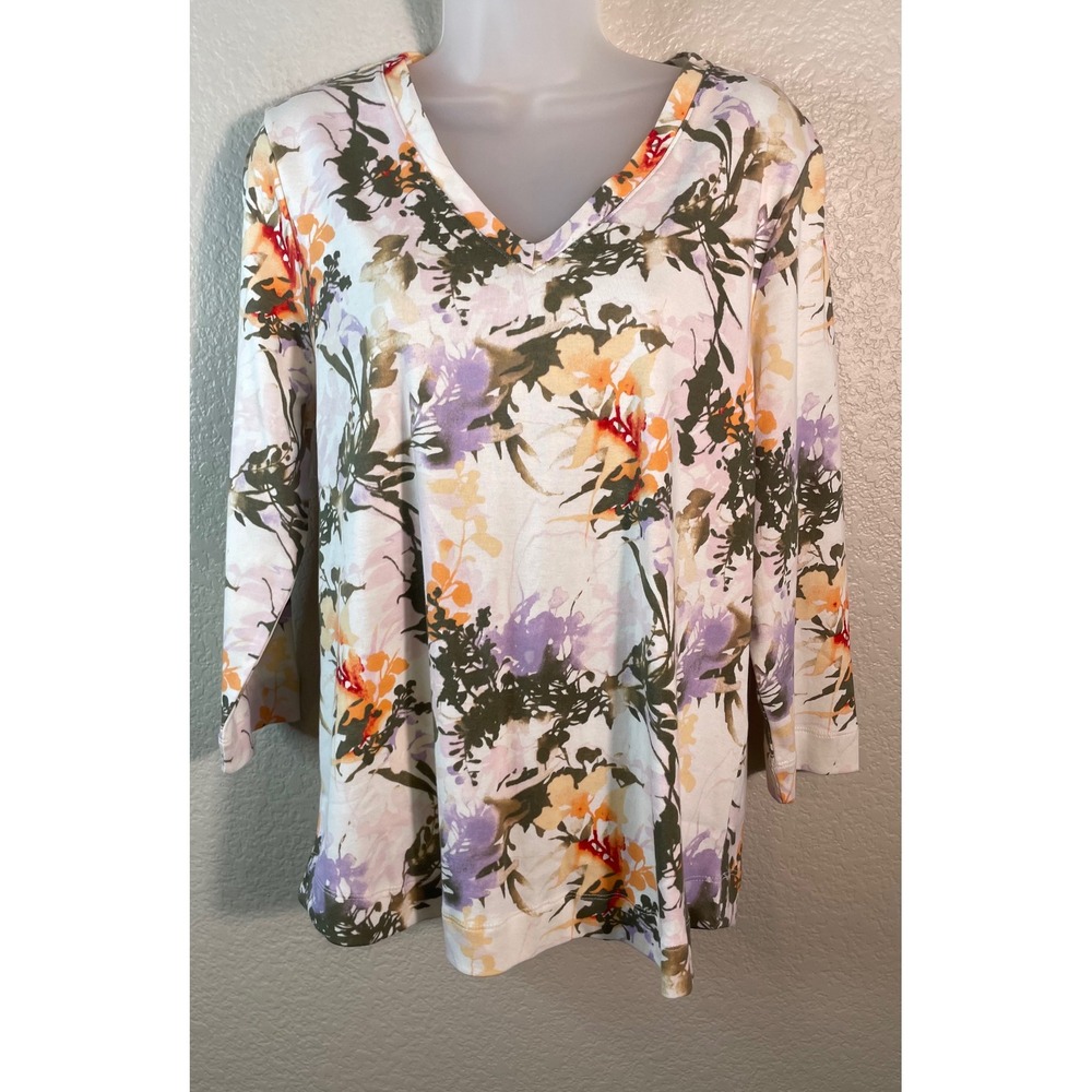 Chicos 2 US Large Top White Floral V Neck 3/4 Sleeve 100% Pima Cotton Tropical